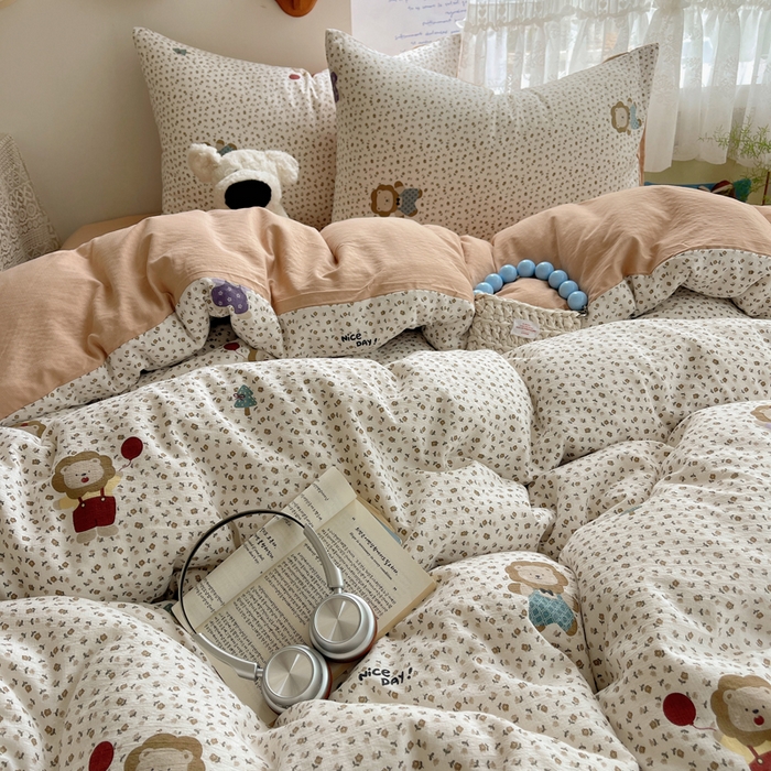 91家纺网 家纺一手货源 找家纺 沐芷 2025 木棉双层纱A类四件套直播 开学季宿舍三件套  单被套/四件套--提供买家秀 彼岸-狮子唱片