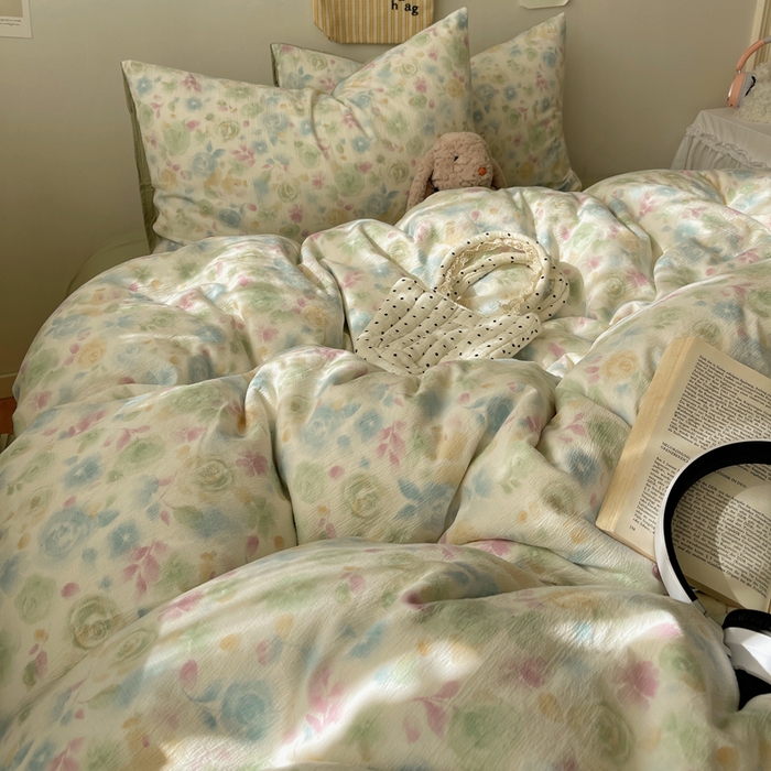 91家纺网 家纺一手货源 找家纺 沐芷 2025 木棉双层纱A类四件套直播 开学季宿舍三件套  单被套/四件套--提供买家秀 彼岸-栀子花信