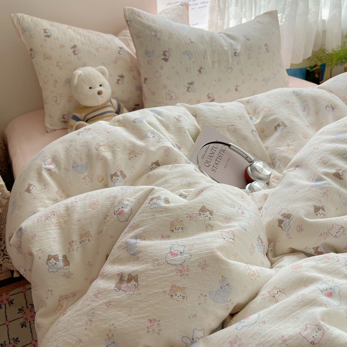 91家纺网 家纺一手货源 找家纺 沐芷 2025 木棉双层纱A类四件套直播 开学季宿舍三件套  单被套/四件套--提供买家秀 彼岸-晴天小猫