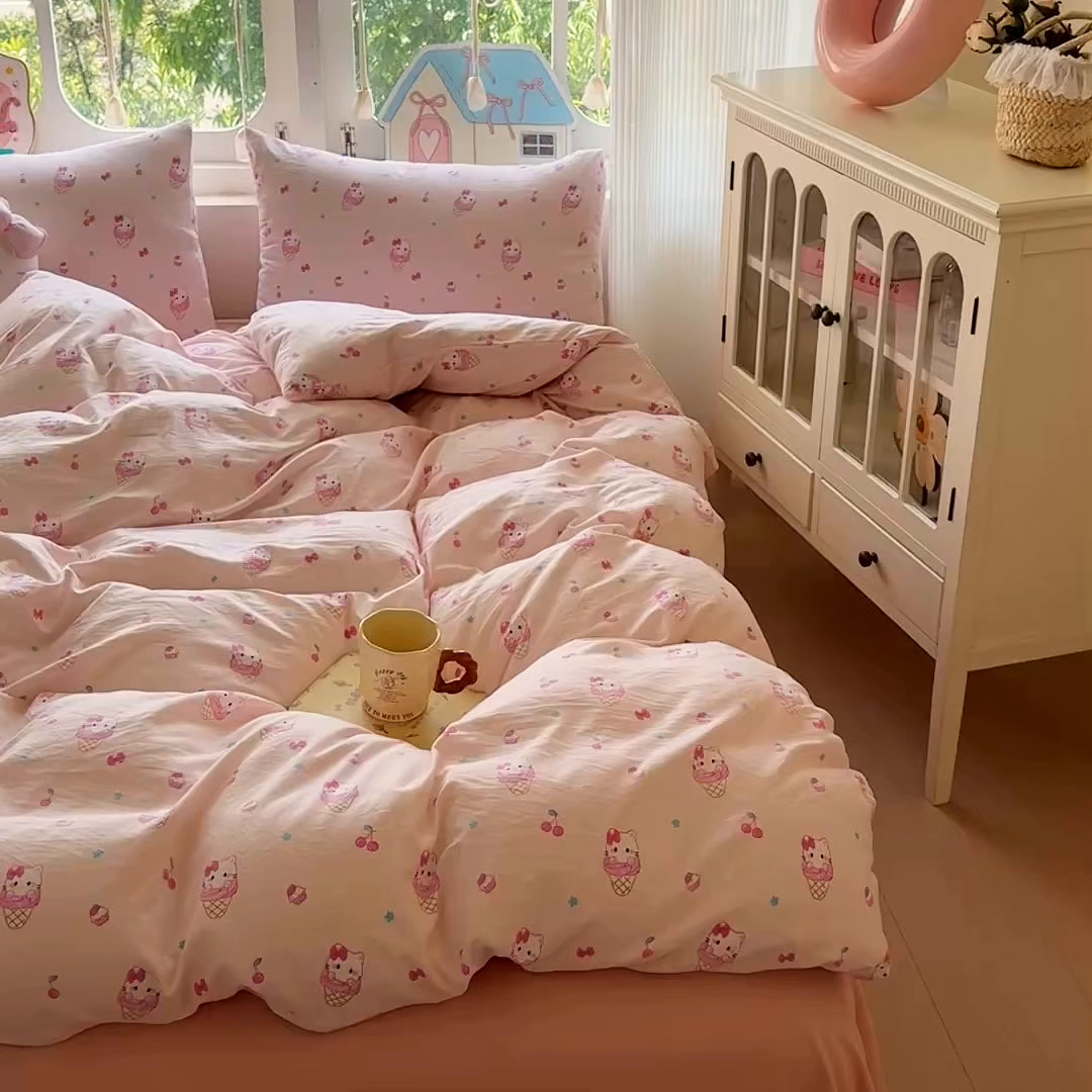 91家纺网 家纺一手货源 找家纺 （总）晚爱家纺（原晚安家居） 2025新款超柔水洗棉四件套卡通小清新学生宿舍三件套