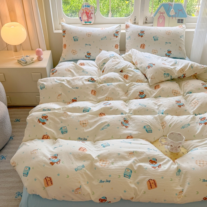 91家纺网 家纺一手货源 找家纺 晚爱家纺（原晚安家居） 2025新款超柔水洗棉四件套卡通小清新学生宿舍三件套 晚安熊