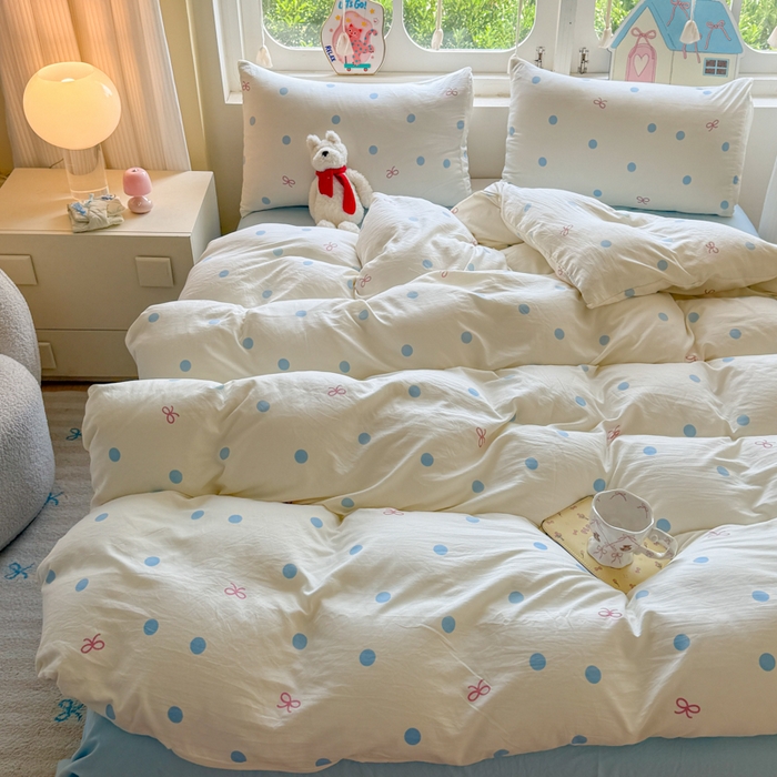 91家纺网 家纺一手货源 找家纺 晚爱家纺（原晚安家居） 2025新款超柔水洗棉四件套卡通小清新学生宿舍三件套 蓝色波点