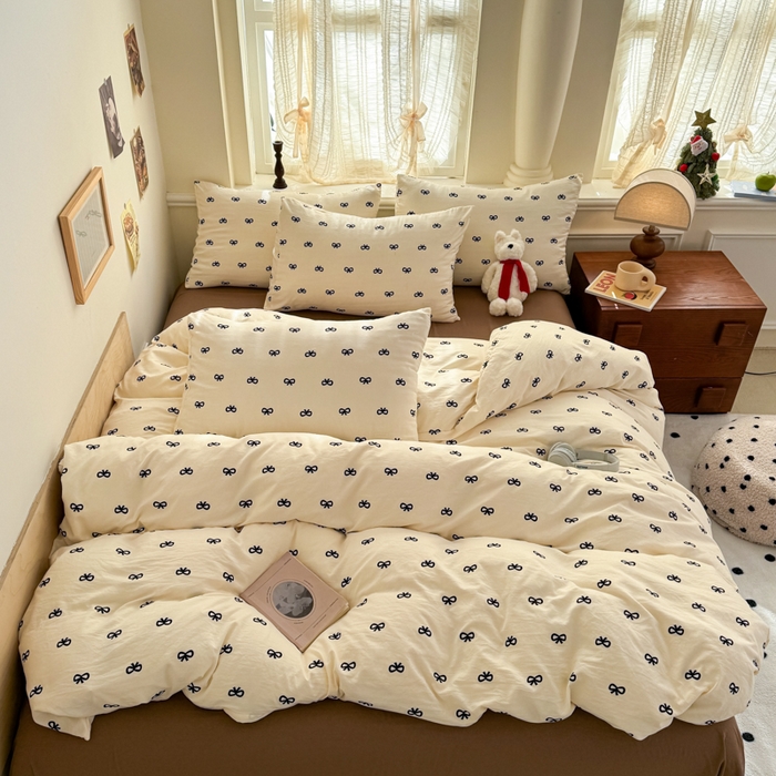 91家纺网 家纺一手货源 找家纺 晚爱家纺（原晚安家居） 2025新款超柔水洗棉四件套卡通小清新学生宿舍三件套 蝴蝶结