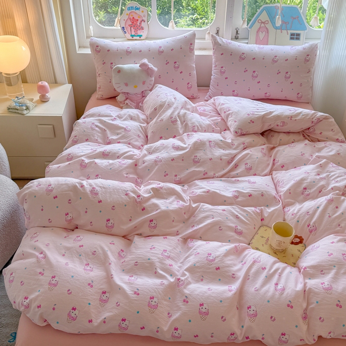 91家纺网 家纺一手货源 找家纺 晚爱家纺（原晚安家居） 2025新款超柔水洗棉四件套卡通小清新学生宿舍三件套 冰淇淋