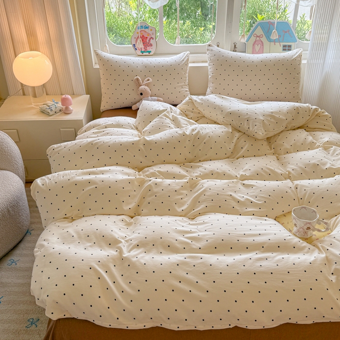 91家纺网 家纺一手货源 找家纺 晚爱家纺（原晚安家居） 2025新款超柔水洗棉四件套卡通小清新学生宿舍三件套 波点咖