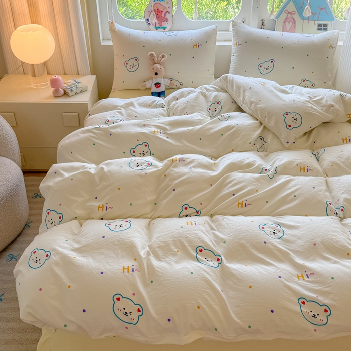 91家纺网 家纺一手货源 找家纺 晚爱家纺（原晚安家居） 2025新款超柔水洗棉四件套卡通小清新学生宿舍三件套 爱心熊