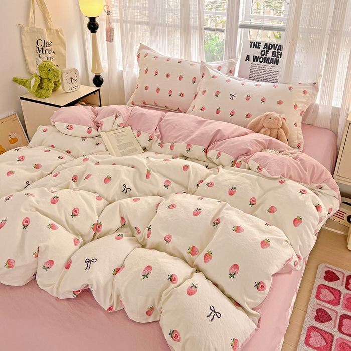 91家纺网 家纺一手货源 找家纺 欢博莱  2025新款仿纯棉四件套学生宿舍三件套单被套 草莓果