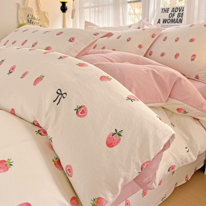 91家纺网 家纺一手货源 找家纺 欢博莱  2025新款仿纯棉四件套学生宿舍三件套单被套 草莓果
