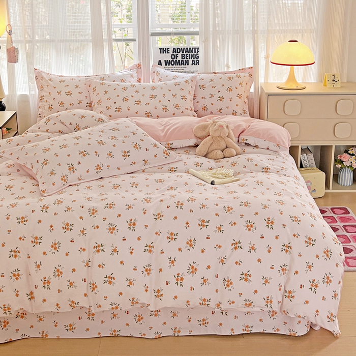 91家纺网 家纺一手货源 找家纺 欢博莱  2025新款仿纯棉四件套学生宿舍三件套单被套 洛神花间-桔