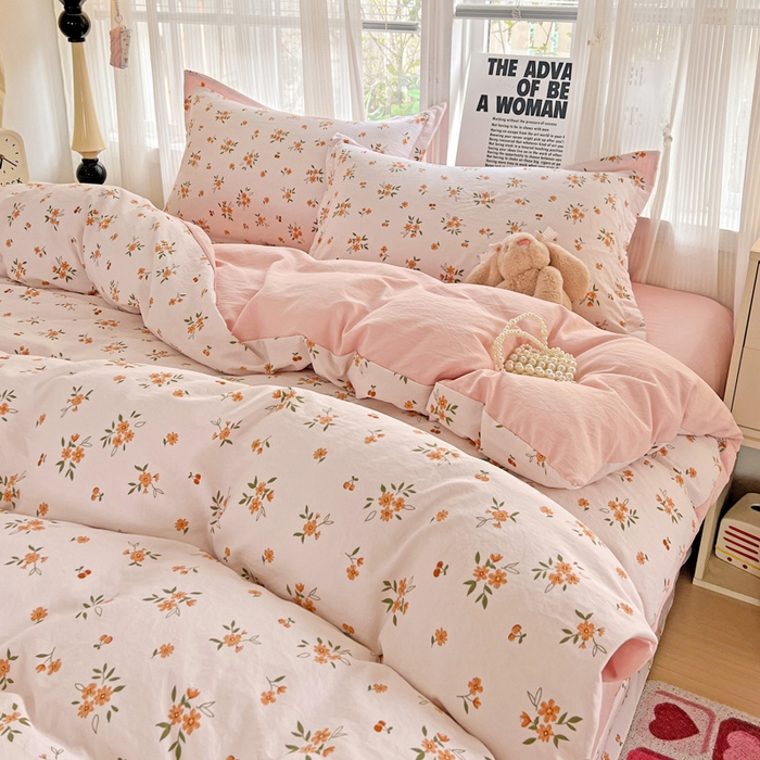 91家纺网 家纺一手货源 找家纺 欢博莱  2025新款仿纯棉四件套学生宿舍三件套单被套 洛神花间-桔