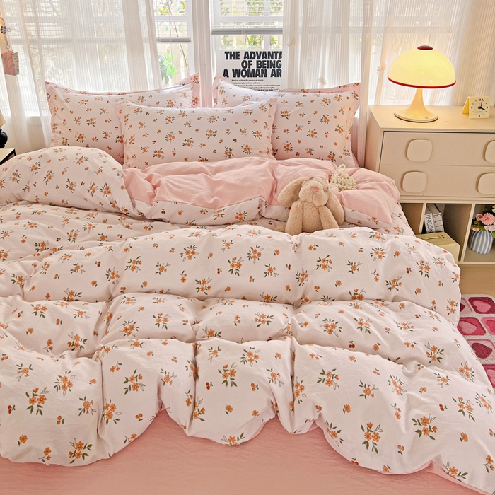 91家纺网 家纺一手货源 找家纺 欢博莱  2025新款仿纯棉四件套学生宿舍三件套单被套 洛神花间-桔