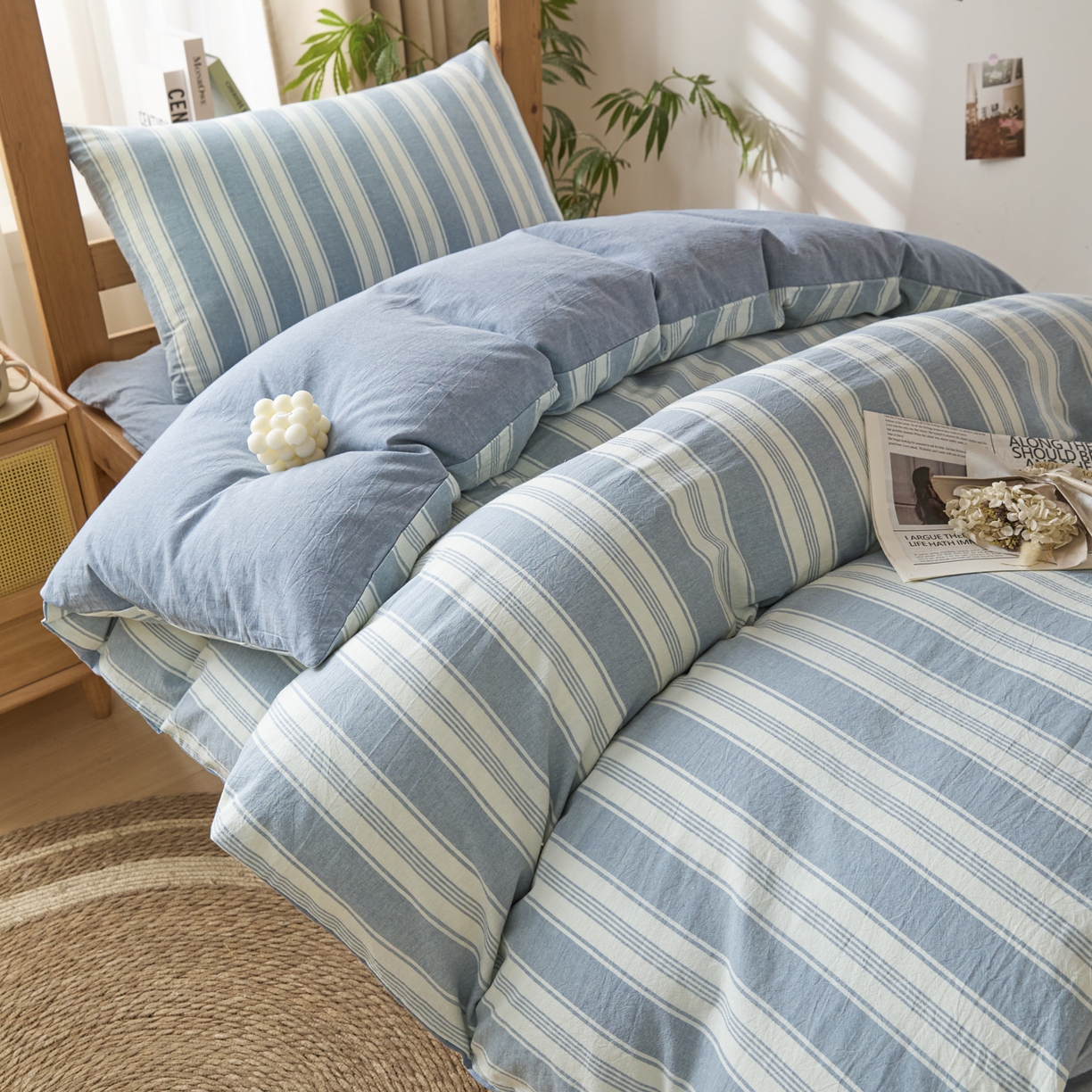 91家纺网 家纺一手货源 找家纺 爱屋及屋 2025新款水洗棉学生季大礼包学生宿舍六件套棉花被+棉花垫子+枕头+三件套一站式全套 左岸蓝