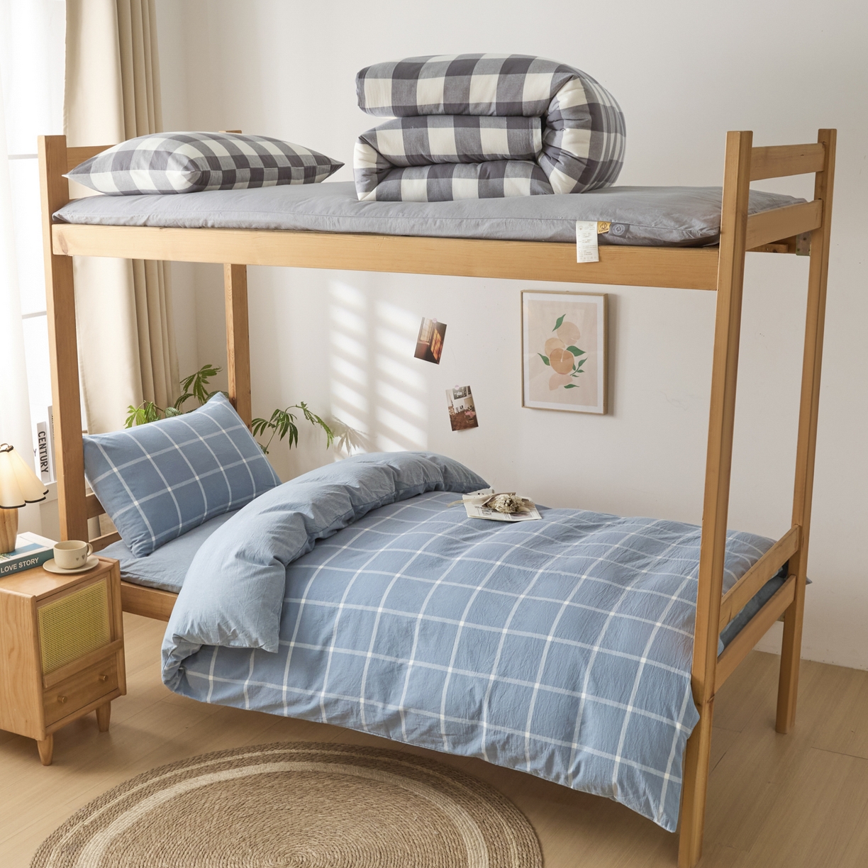 91家纺网 家纺一手货源 找家纺 爱屋及屋 2025新款水洗棉学生季大礼包学生宿舍六件套棉花被+棉花垫子+枕头+三件套一站式全套 海蓝大格