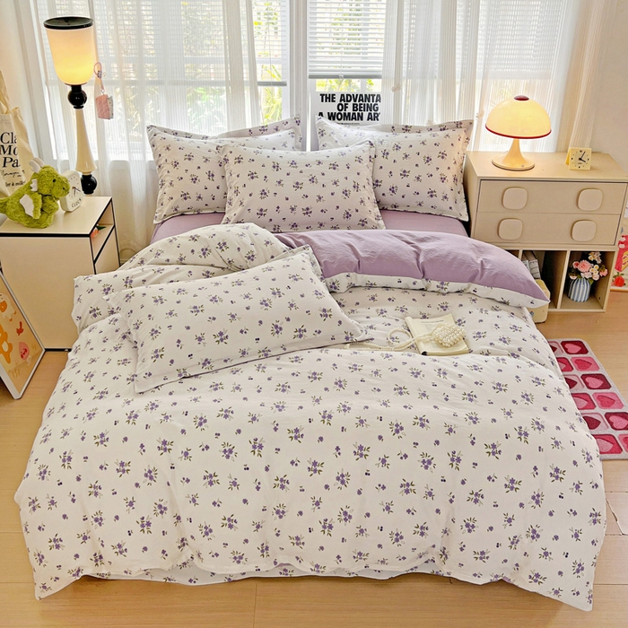 91家纺网 家纺一手货源 找家纺 欢博莱  2025新款仿纯棉四件套学生宿舍三件套单被套 洛神花间-紫