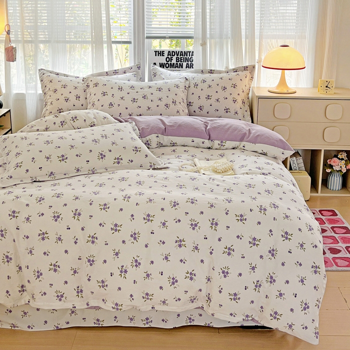 91家纺网 家纺一手货源 找家纺 欢博莱  2025新款仿纯棉四件套学生宿舍三件套单被套 洛神花间-紫