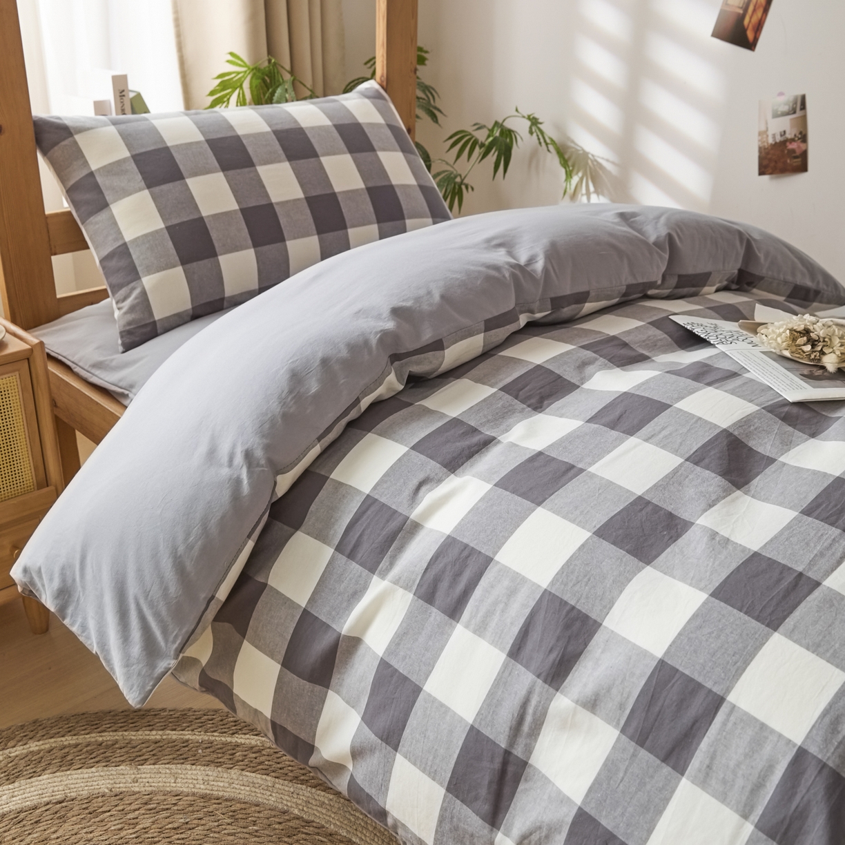 91家纺网 家纺一手货源 找家纺 爱屋及屋 2025新款水洗棉学生季大礼包学生宿舍六件套棉花被+棉花垫子+枕头+三件套一站式全套 灰中格