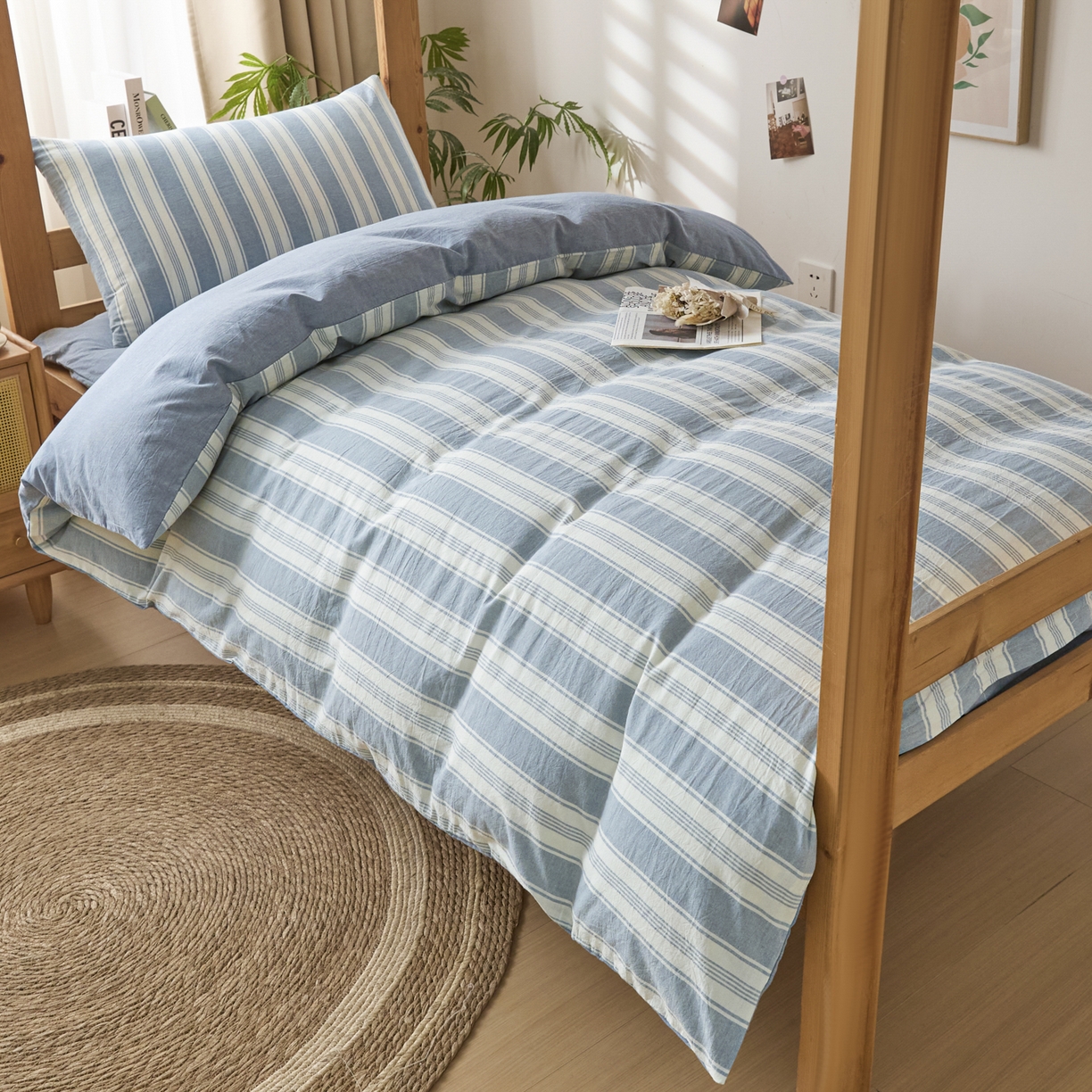 91家纺网 家纺一手货源 找家纺 爱屋及屋 2025新款水洗棉学生季大礼包学生宿舍六件套棉花被+棉花垫子+枕头+三件套一站式全套 左岸蓝