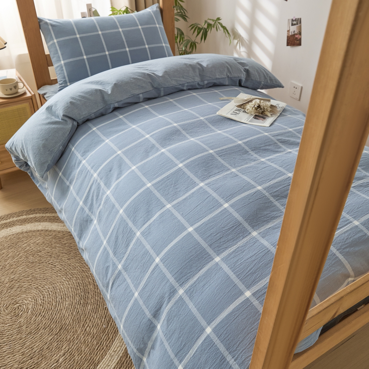 91家纺网 家纺一手货源 找家纺 爱屋及屋 2025新款水洗棉学生季大礼包学生宿舍六件套棉花被+棉花垫子+枕头+三件套一站式全套 海蓝大格