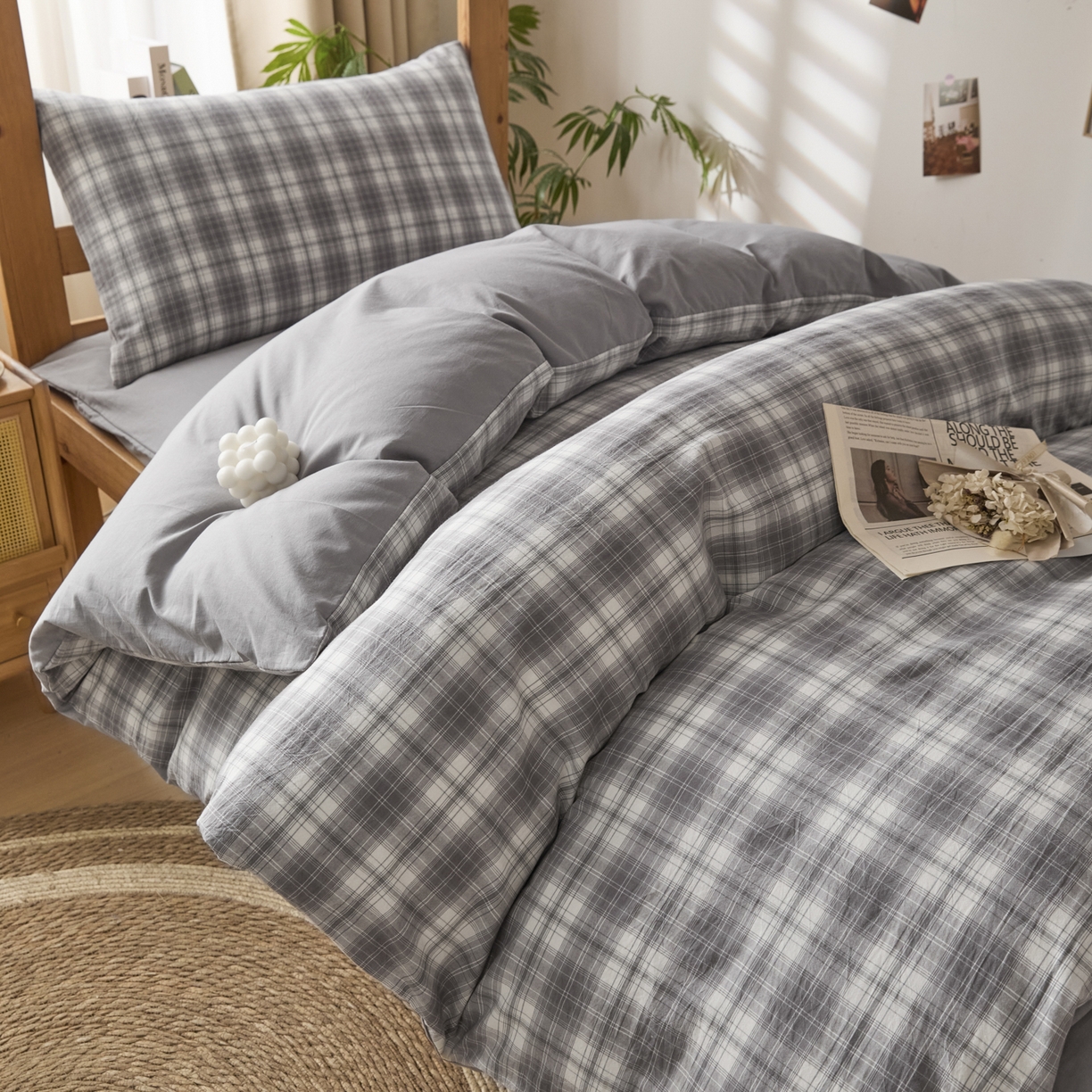 91家纺网 家纺一手货源 找家纺 爱屋及屋 2025新款水洗棉学生季大礼包学生宿舍六件套棉花被+棉花垫子+枕头+三件套一站式全套 光年灰