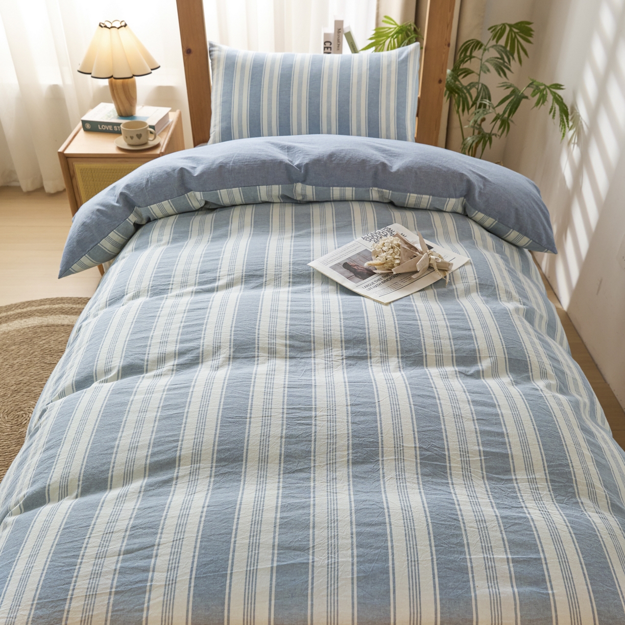 91家纺网 家纺一手货源 找家纺 爱屋及屋 2025新款水洗棉学生季大礼包学生宿舍六件套棉花被+棉花垫子+枕头+三件套一站式全套 左岸蓝