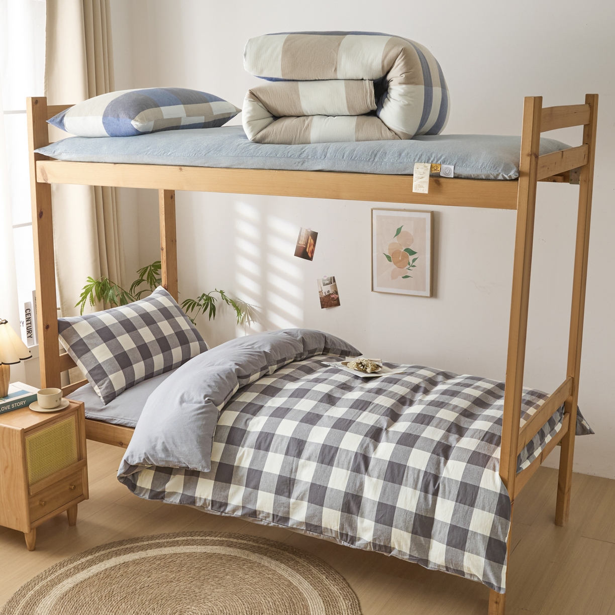 91家纺网 家纺一手货源 找家纺 爱屋及屋 2025新款水洗棉学生季大礼包学生宿舍六件套棉花被+棉花垫子+枕头+三件套一站式全套 灰中格