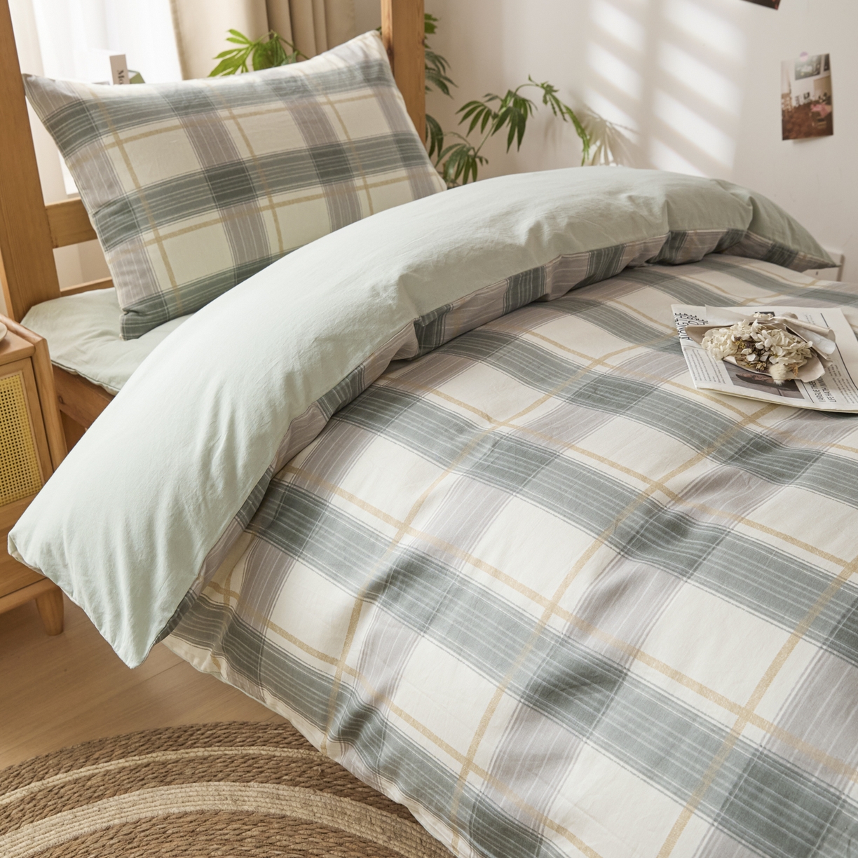 91家纺网 家纺一手货源 找家纺 爱屋及屋 2025新款水洗棉学生季大礼包学生宿舍六件套棉花被+棉花垫子+枕头+三件套一站式全套 韵绿格