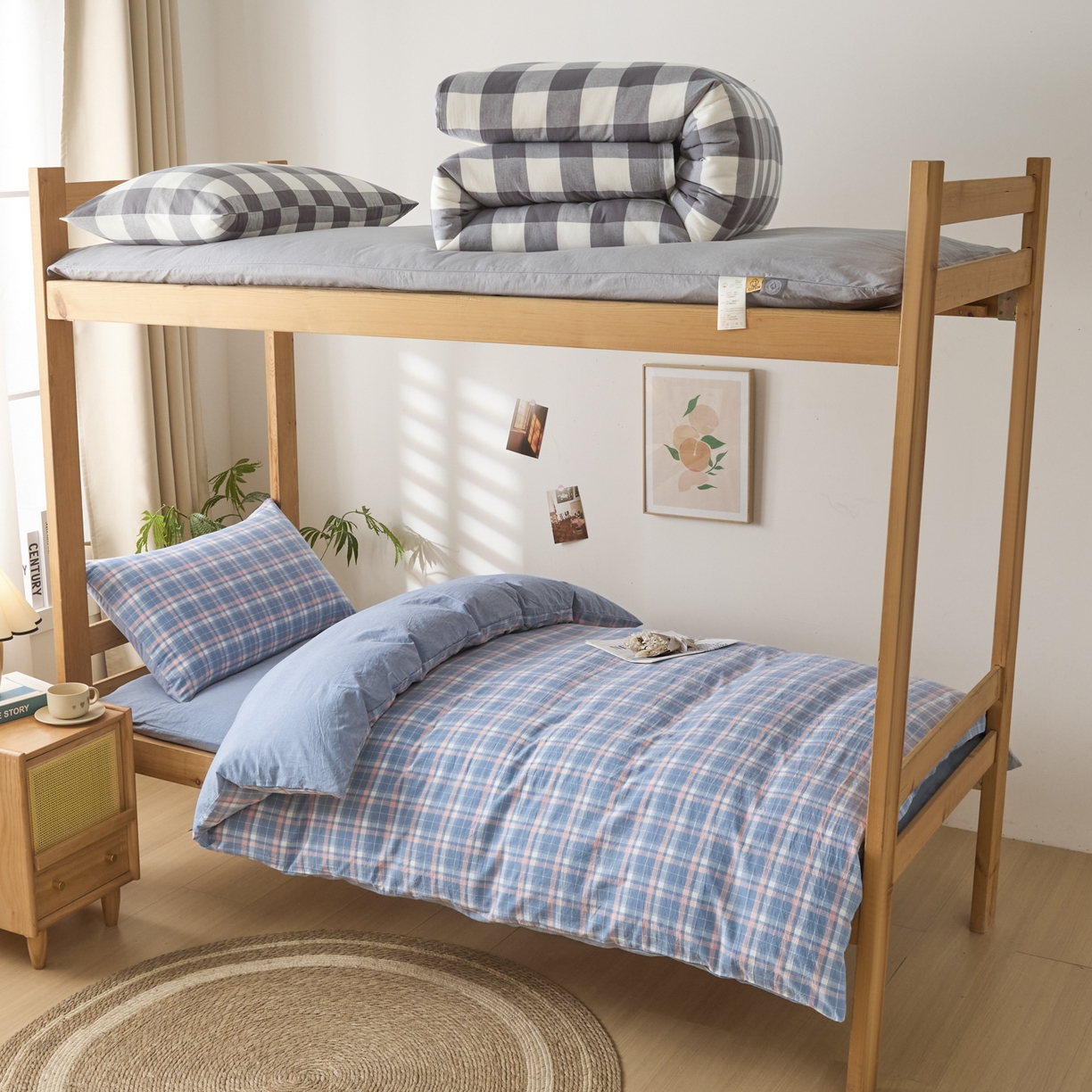 91家纺网 家纺一手货源 找家纺 爱屋及屋 2025新款水洗棉学生季大礼包学生宿舍六件套棉花被+棉花垫子+枕头+三件套一站式全套 格韵蓝