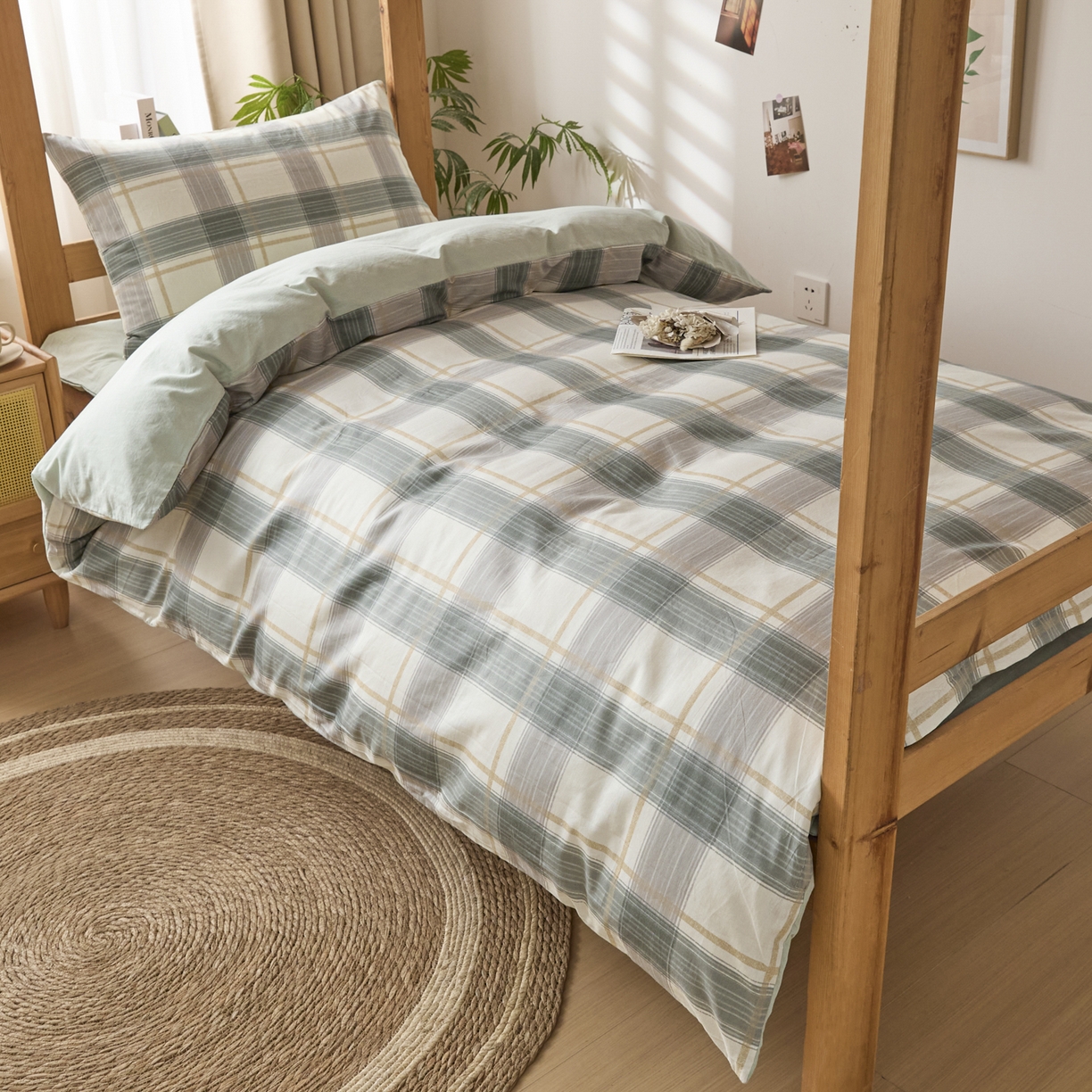 91家纺网 家纺一手货源 找家纺 爱屋及屋 2025新款水洗棉学生季大礼包学生宿舍六件套棉花被+棉花垫子+枕头+三件套一站式全套 韵绿格