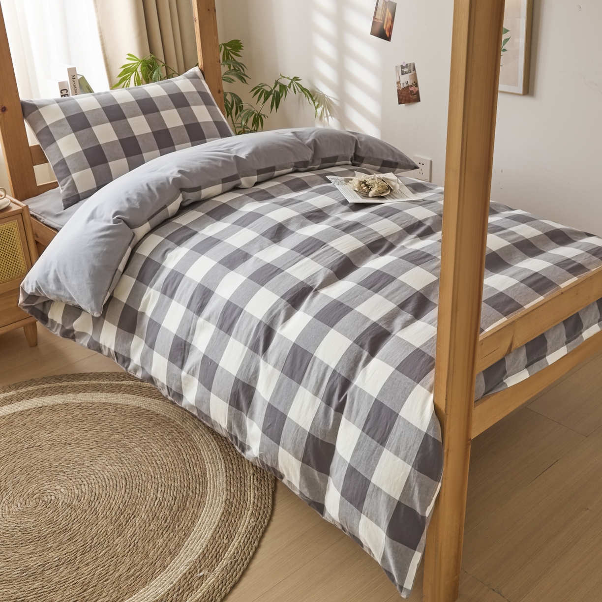 91家纺网 家纺一手货源 找家纺 爱屋及屋 2025新款水洗棉学生季大礼包学生宿舍六件套棉花被+棉花垫子+枕头+三件套一站式全套 灰中格