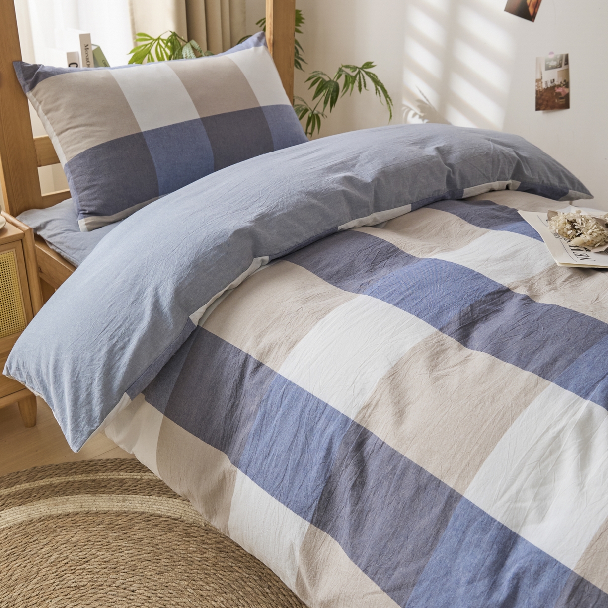 91家纺网 家纺一手货源 找家纺 爱屋及屋 2025新款水洗棉学生季大礼包学生宿舍六件套棉花被+棉花垫子+枕头+三件套一站式全套 蓝咖大格