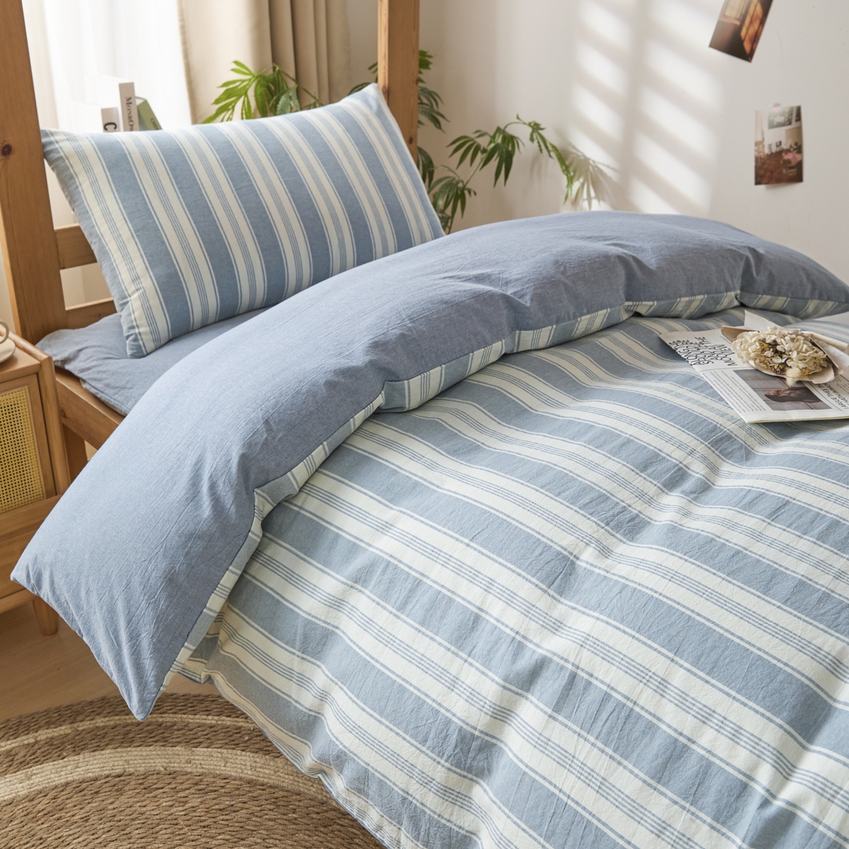 91家纺网 家纺一手货源 找家纺 爱屋及屋 2025新款水洗棉学生季大礼包学生宿舍六件套棉花被+棉花垫子+枕头+三件套一站式全套 左岸蓝