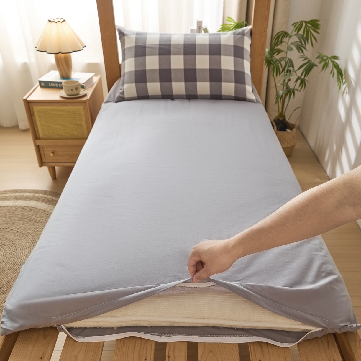 91家纺网 家纺一手货源 找家纺 爱屋及屋 2025新款水洗棉学生季大礼包学生宿舍六件套棉花被+棉花垫子+枕头+三件套一站式全套 灰中格