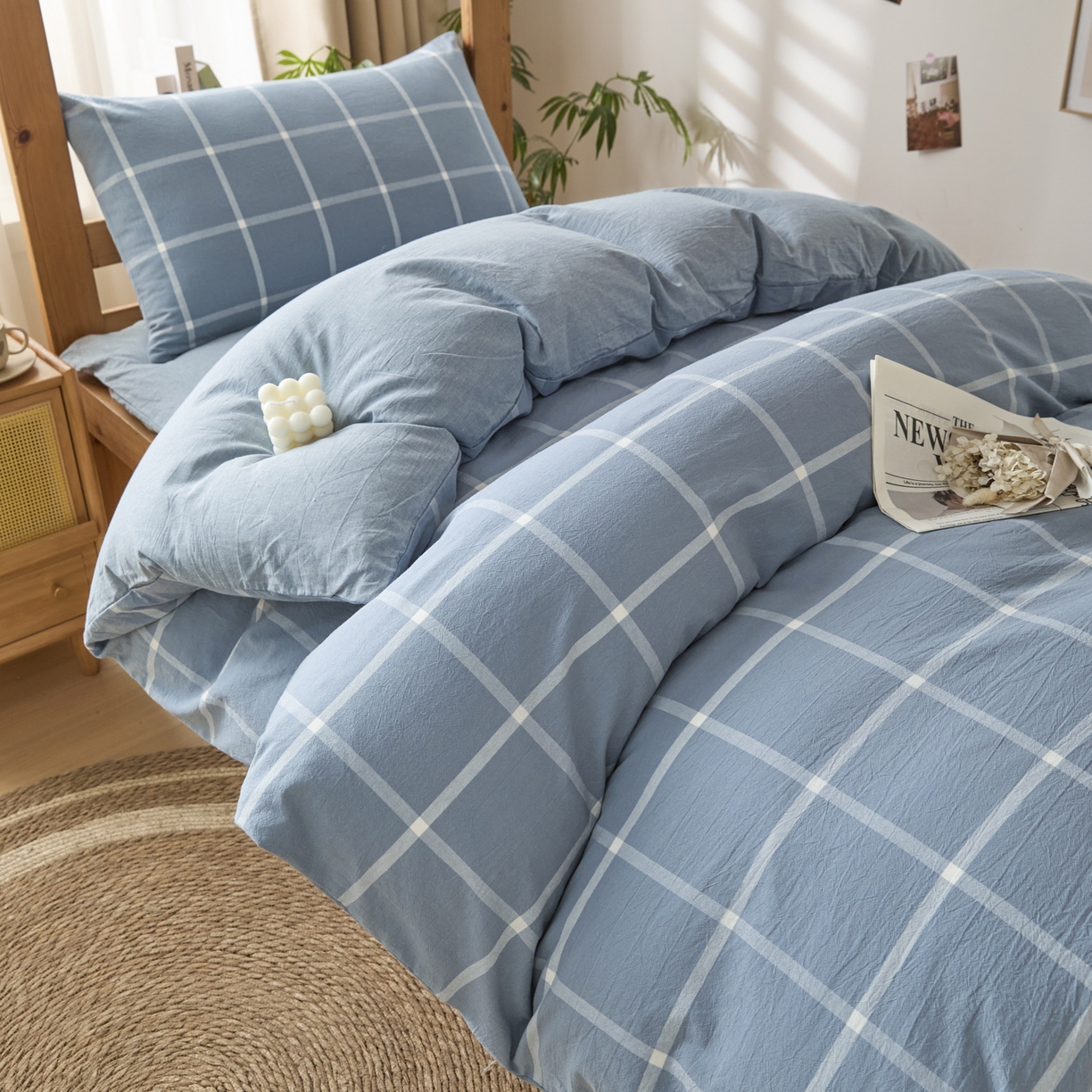 91家纺网 家纺一手货源 找家纺 爱屋及屋 2025新款水洗棉学生季大礼包学生宿舍六件套棉花被+棉花垫子+枕头+三件套一站式全套 海蓝大格