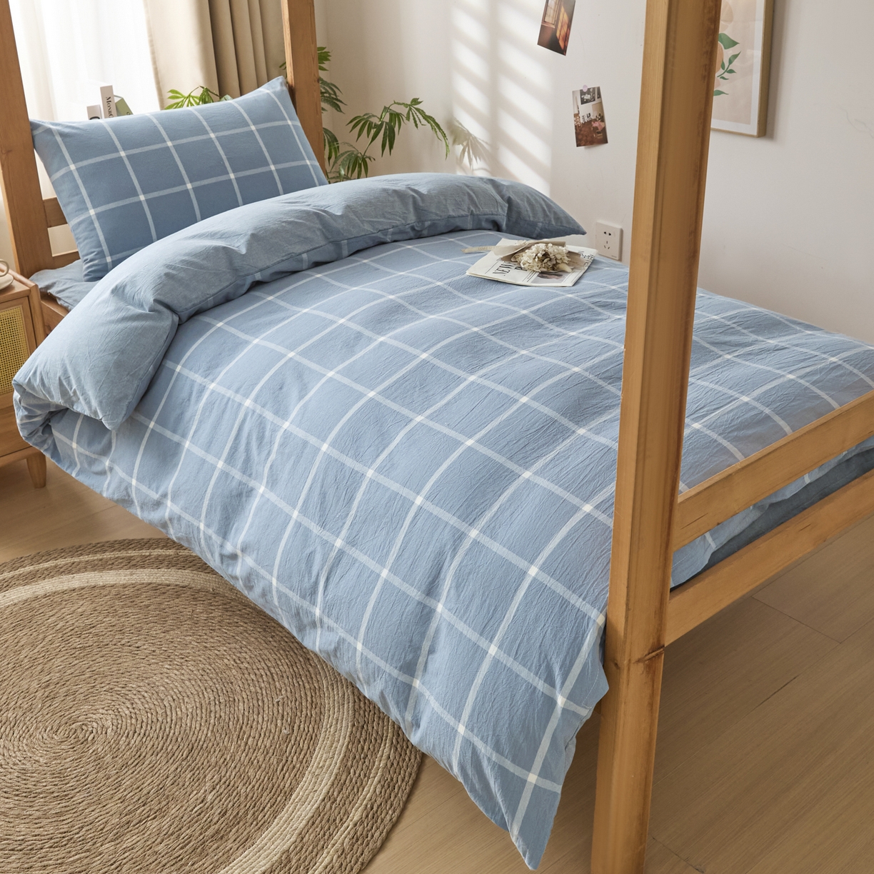 91家纺网 家纺一手货源 找家纺 爱屋及屋 2025新款水洗棉学生季大礼包学生宿舍六件套棉花被+棉花垫子+枕头+三件套一站式全套 海蓝大格