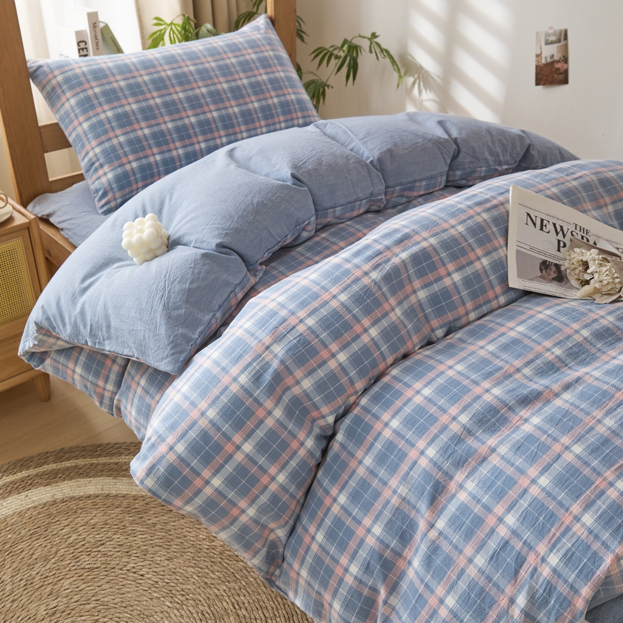 91家纺网 家纺一手货源 找家纺 爱屋及屋 2025新款水洗棉学生季大礼包学生宿舍六件套棉花被+棉花垫子+枕头+三件套一站式全套 格韵蓝