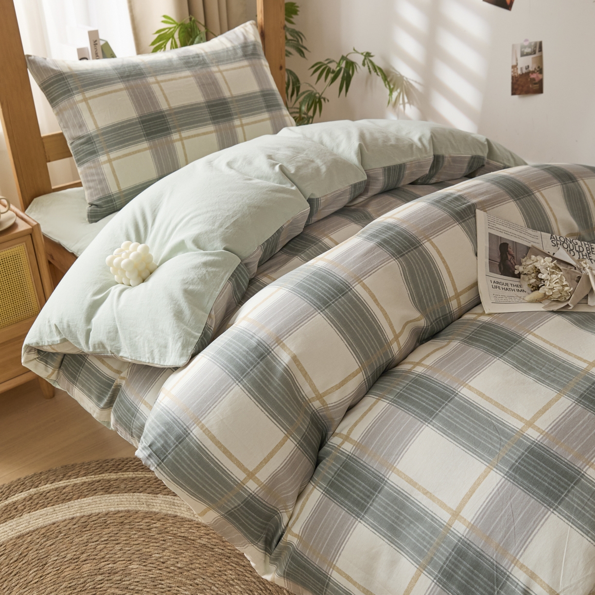 91家纺网 家纺一手货源 找家纺 爱屋及屋 2025新款水洗棉学生季大礼包学生宿舍六件套棉花被+棉花垫子+枕头+三件套一站式全套 韵绿格