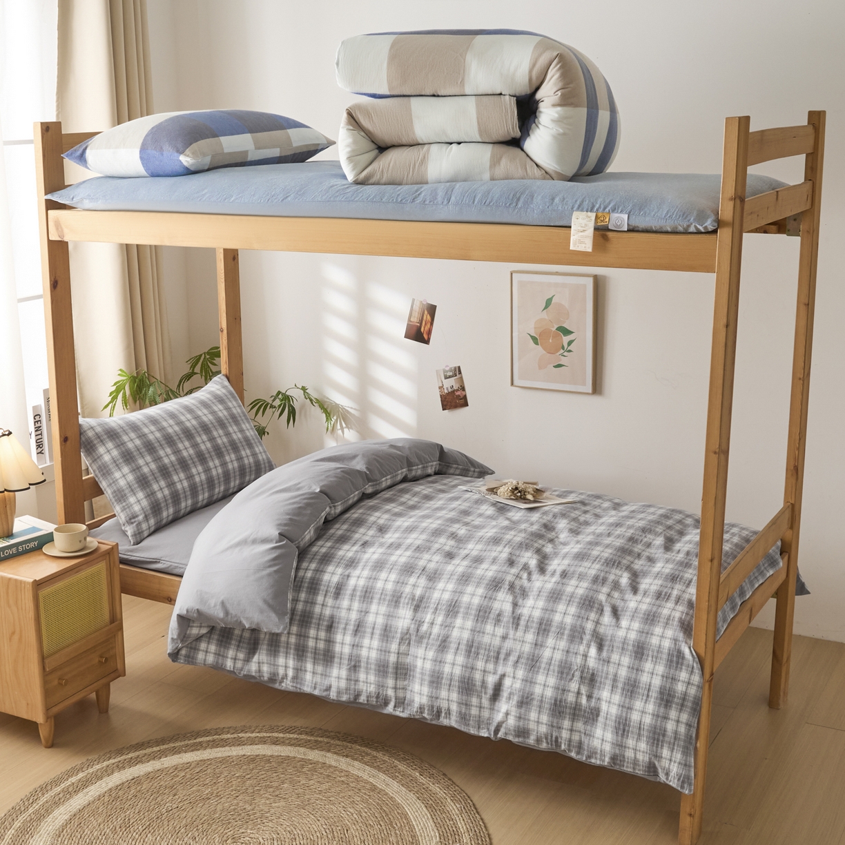 91家纺网 家纺一手货源 找家纺 爱屋及屋 2025新款水洗棉学生季大礼包学生宿舍六件套棉花被+棉花垫子+枕头+三件套一站式全套 光年灰