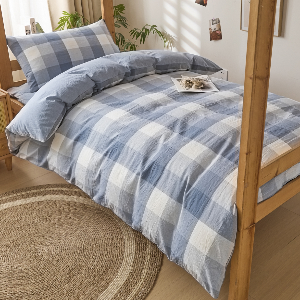 91家纺网 家纺一手货源 找家纺 爱屋及屋 2025新款水洗棉学生季大礼包学生宿舍六件套棉花被+棉花垫子+枕头+三件套一站式全套 蓝中格