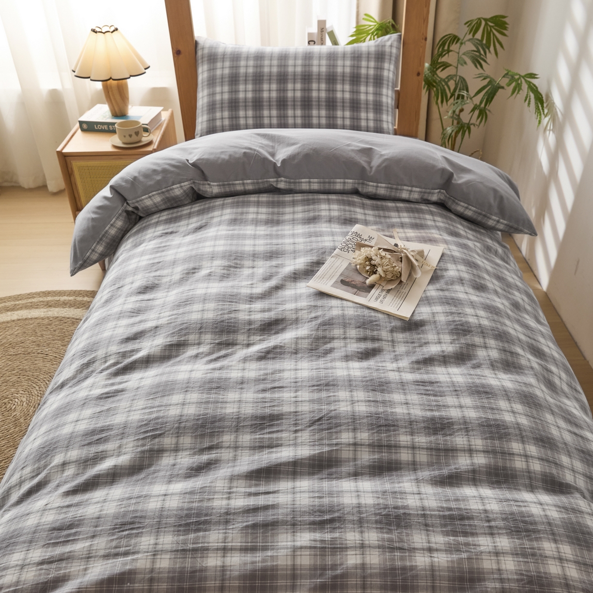 91家纺网 家纺一手货源 找家纺 爱屋及屋 2025新款水洗棉学生季大礼包学生宿舍六件套棉花被+棉花垫子+枕头+三件套一站式全套 光年灰
