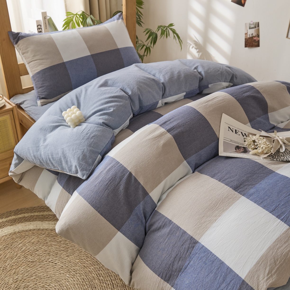 91家纺网 家纺一手货源 找家纺 爱屋及屋 2025新款水洗棉学生季大礼包学生宿舍六件套棉花被+棉花垫子+枕头+三件套一站式全套 蓝咖大格