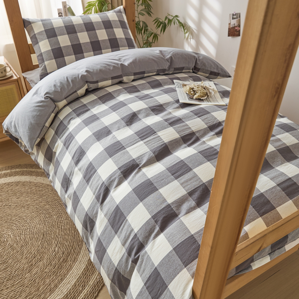 91家纺网 家纺一手货源 找家纺 爱屋及屋 2025新款水洗棉学生季大礼包学生宿舍六件套棉花被+棉花垫子+枕头+三件套一站式全套 灰中格