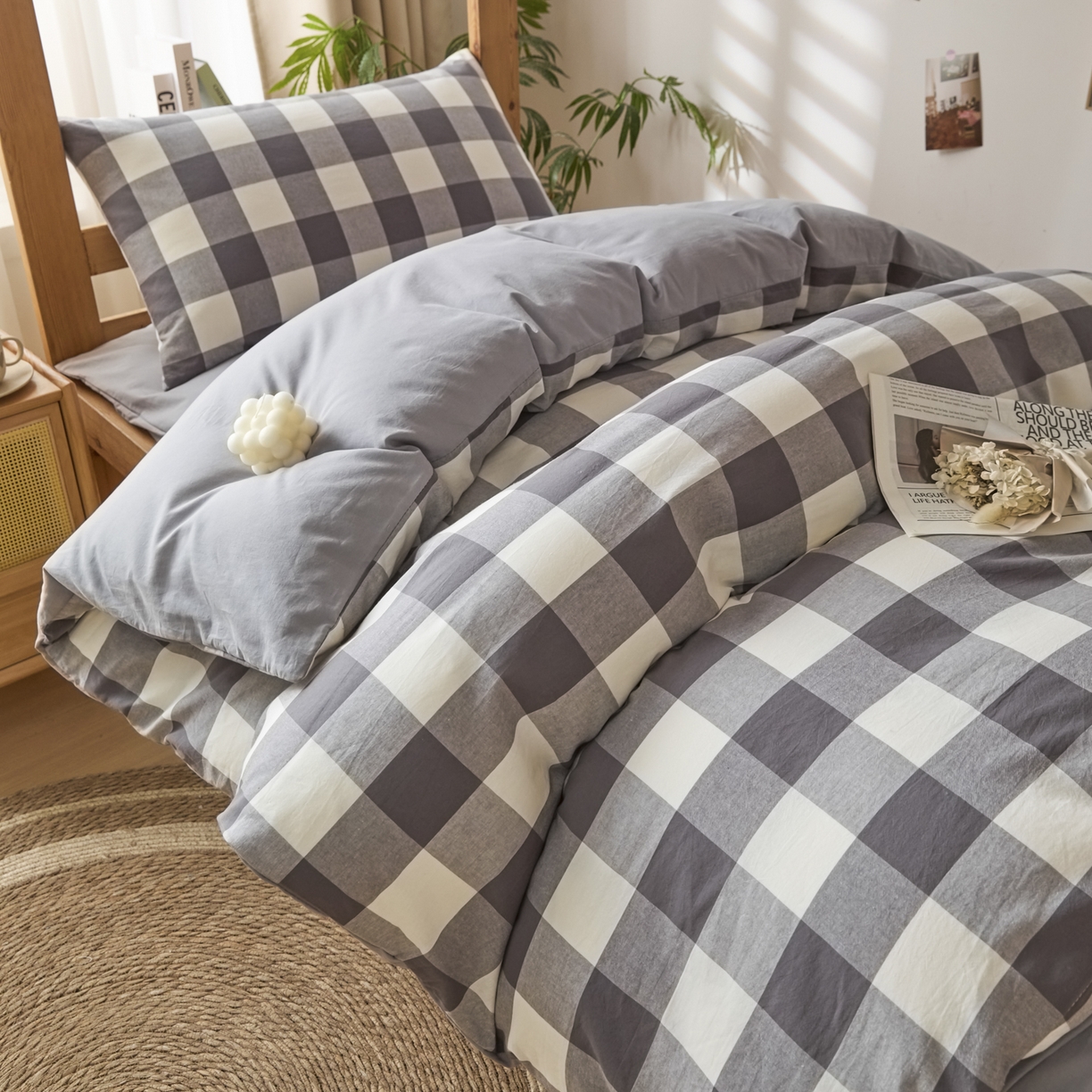 91家纺网 家纺一手货源 找家纺 爱屋及屋 2025新款水洗棉学生季大礼包学生宿舍六件套棉花被+棉花垫子+枕头+三件套一站式全套 灰中格