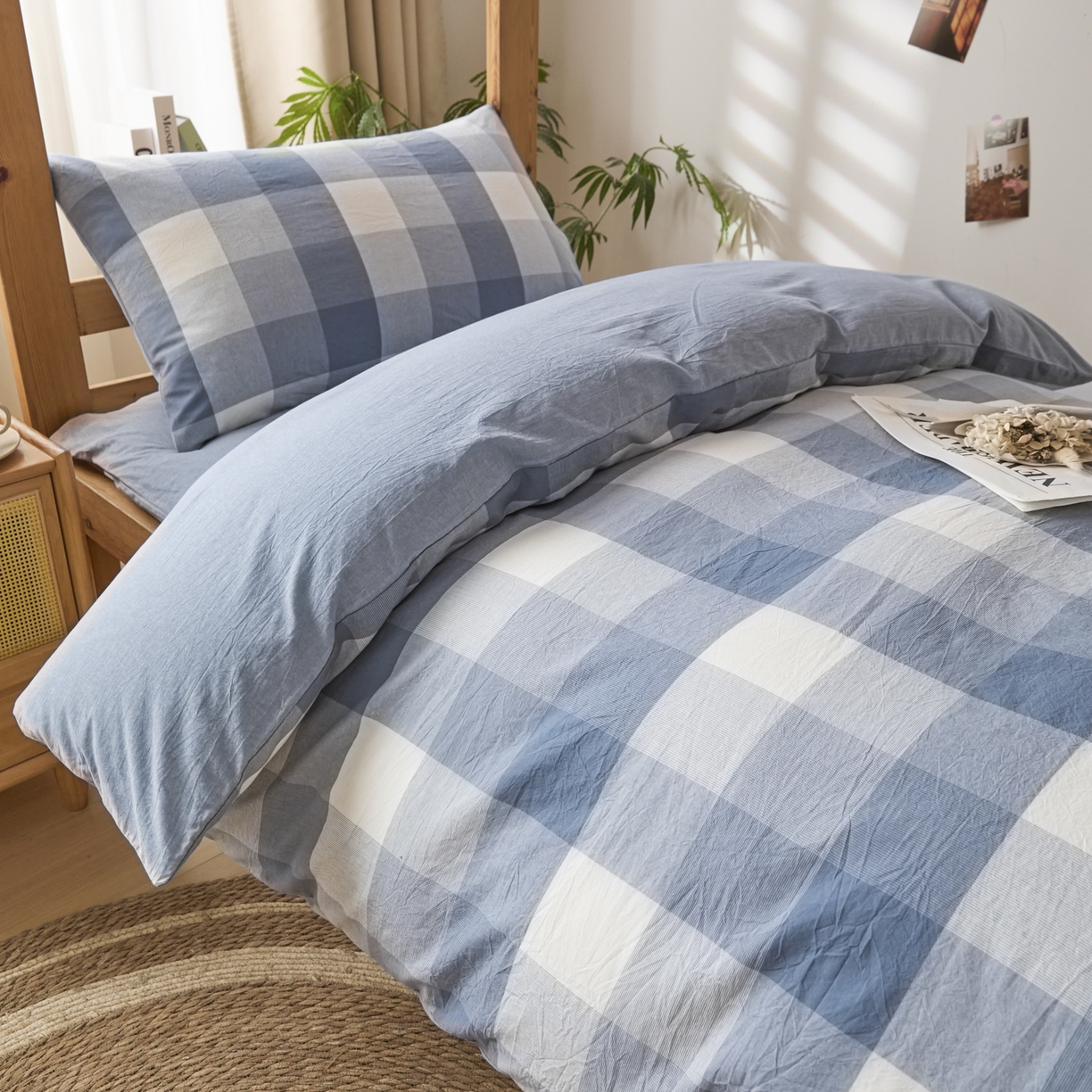 91家纺网 家纺一手货源 找家纺 爱屋及屋 2025新款水洗棉学生季大礼包学生宿舍六件套棉花被+棉花垫子+枕头+三件套一站式全套 蓝中格