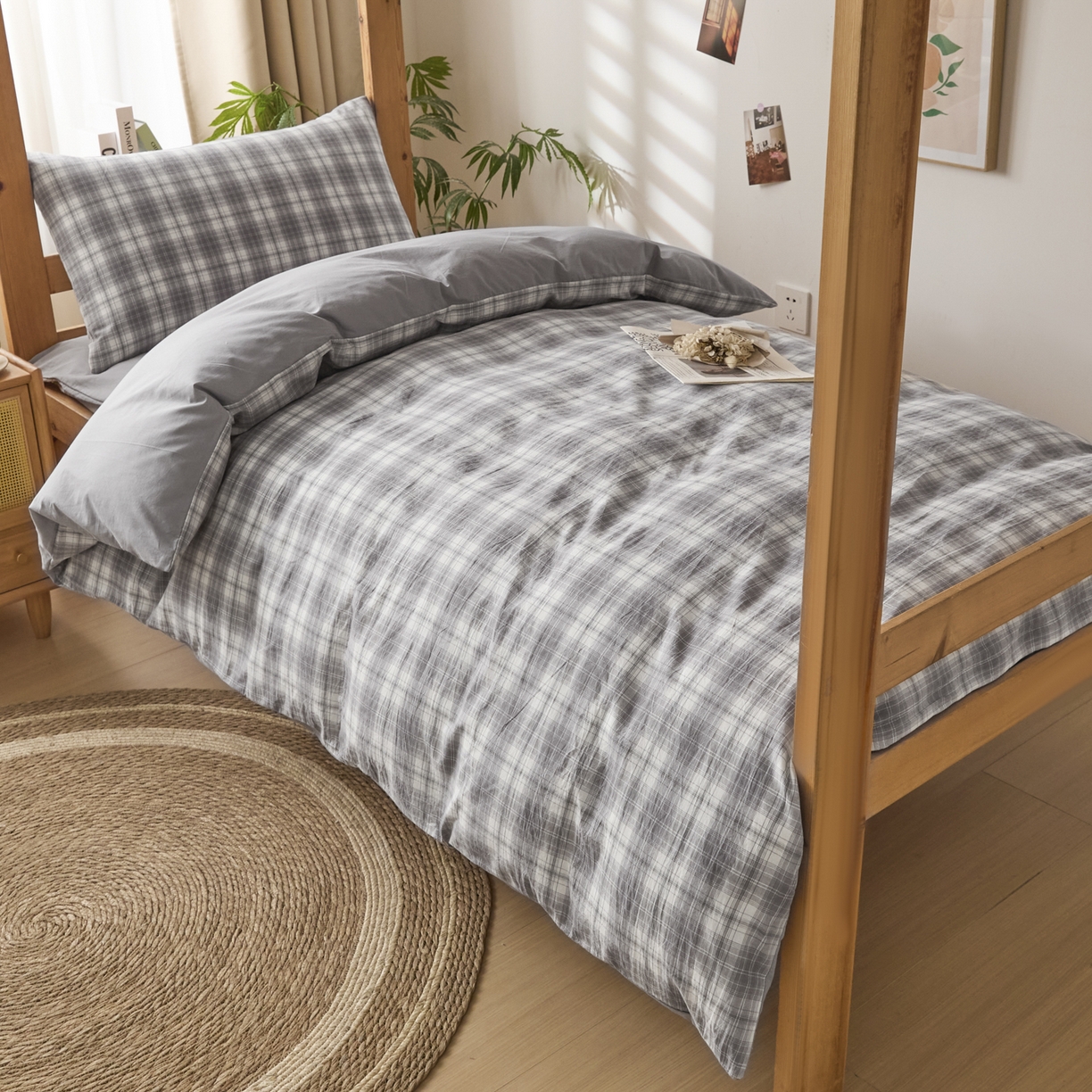 91家纺网 家纺一手货源 找家纺 爱屋及屋 2025新款水洗棉学生季大礼包学生宿舍六件套棉花被+棉花垫子+枕头+三件套一站式全套 光年灰