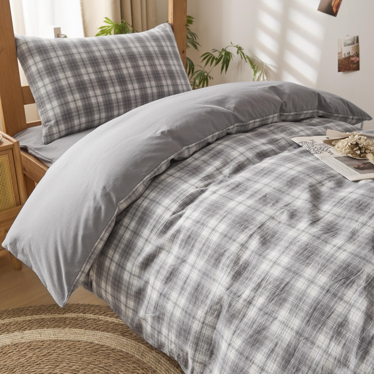 91家纺网 家纺一手货源 找家纺 爱屋及屋 2025新款水洗棉学生季大礼包学生宿舍六件套棉花被+棉花垫子+枕头+三件套一站式全套 光年灰