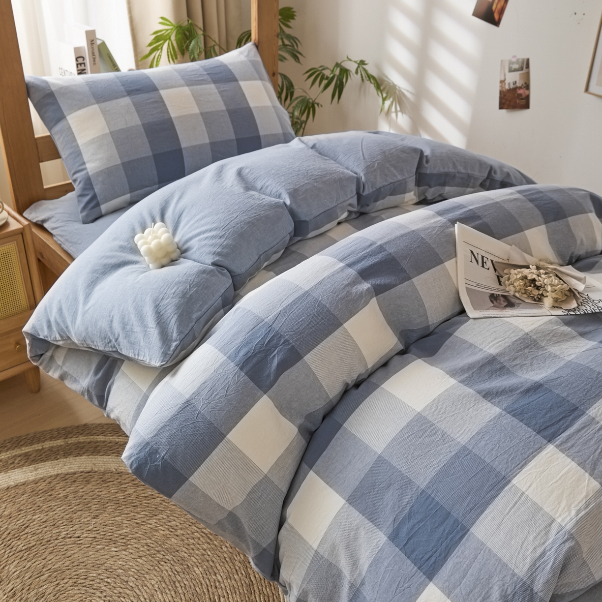 91家纺网 家纺一手货源 找家纺 爱屋及屋 2025新款水洗棉学生季大礼包学生宿舍六件套棉花被+棉花垫子+枕头+三件套一站式全套 蓝中格
