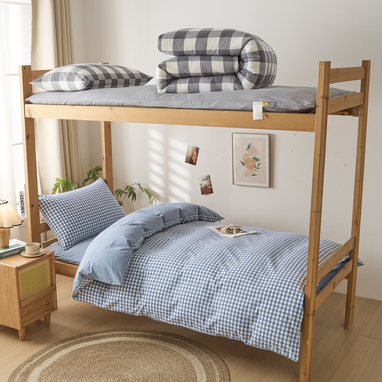 91家纺网 家纺一手货源 找家纺 爱屋及屋 2025新款水洗棉学生季大礼包学生宿舍六件套棉花被+棉花垫子+枕头+三件套一站式全套 蓝小格