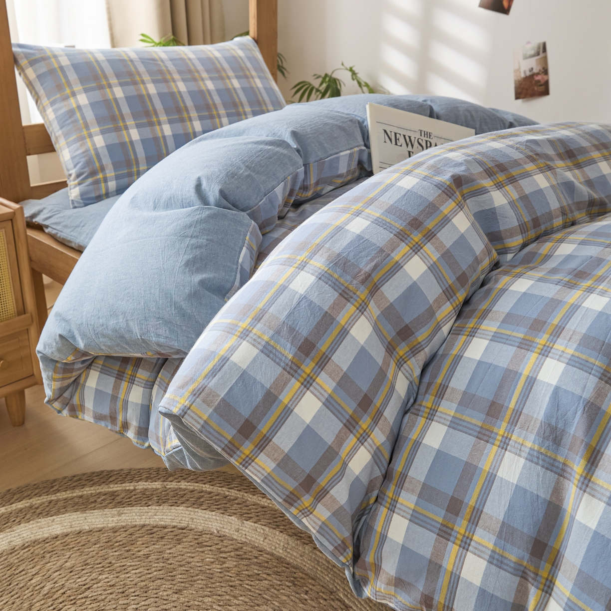 91家纺网 家纺一手货源 找家纺 爱屋及屋 2025新款水洗棉学生季大礼包学生宿舍六件套棉花被+棉花垫子+枕头+三件套一站式全套 简析蓝