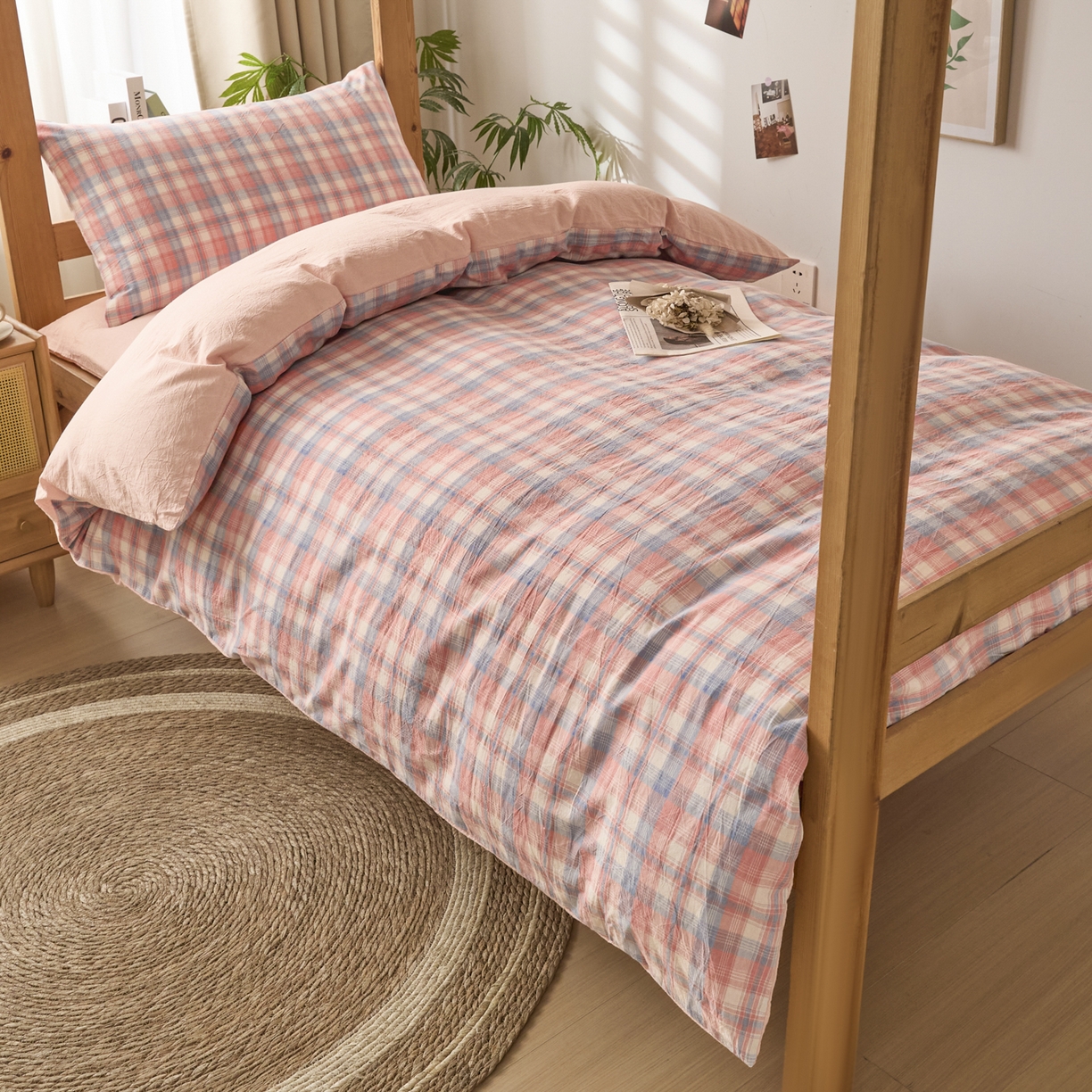 91家纺网 家纺一手货源 找家纺 爱屋及屋 2025新款水洗棉学生季大礼包学生宿舍六件套棉花被+棉花垫子+枕头+三件套一站式全套 清新格