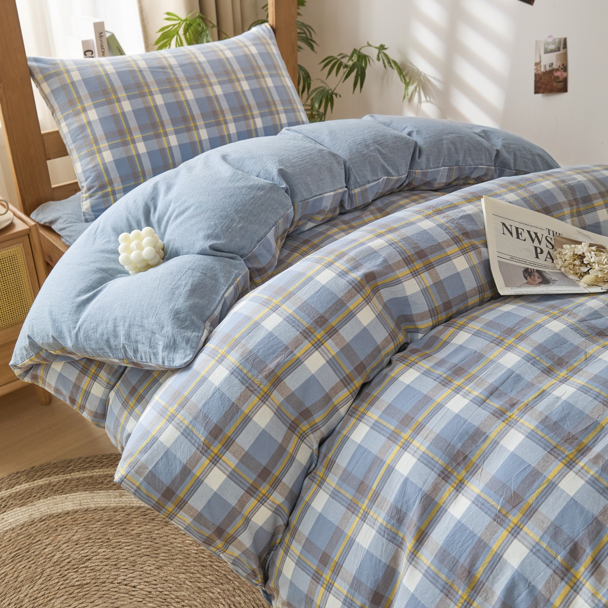 91家纺网 家纺一手货源 找家纺 爱屋及屋 2025新款水洗棉学生季大礼包学生宿舍六件套棉花被+棉花垫子+枕头+三件套一站式全套 简析蓝